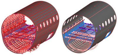 机身原始模型剖面(左)与计算电磁学仿真模型对比，显示部件简化