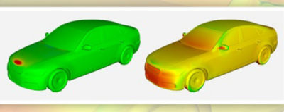 Baseline pressure (left) compared to improved pressure (right) after the Ansys Fluent adjoint solver optimized the geometry of the hood to reduce the drag coefficient.