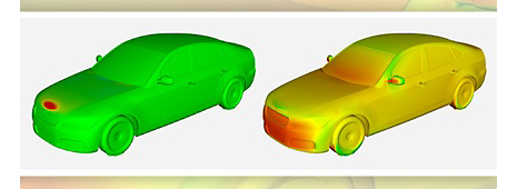 Baseline pressure (left) compared to improved pressure (right) after the Ansys Fluent adjoint solver optimized the geometry of the hood to reduce the drag coefficient.