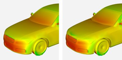 Baseline pressure (left) compared to improved pressure (right) after the Ansys Fluent adjoint solver optimized the geometry of the hood to reduce the drag coefficient.