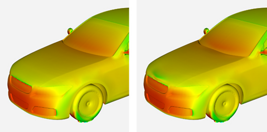 Baseline pressure (left) compared to improved pressure (right) after the Ansys Fluent adjoint solver optimized the geometry of the hood to reduce the drag coefficient.