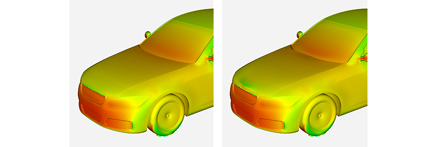 Baseline pressure (left) compared to improved pressure (right) after the Ansys Fluent adjoint solver optimized the geometry of the hood to reduce the drag coefficient.