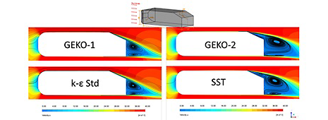  Comparison between turbulence models: two iterations of GEKO (top, left and right), the standard k-ε (bottom, left) and sheer stress transport (SST) (bottom, right).