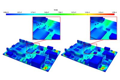 Mechanical shock results show negligible global and local results when very small chip components are included (left) vs. when they are excluded (right)