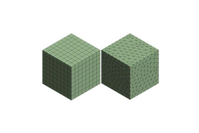 同一のボディを六面体要素（左）と四面体要素（右）でメッシュ生成したもの。