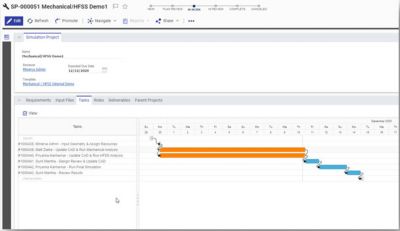 Simulation project task list in Ansys Minerva