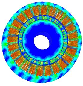 Fields display on full circumferential showing magnetic flux density and current density.