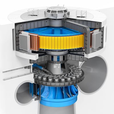 Hydroelectric power single stage turbine 3d illustration