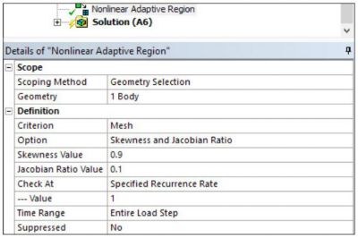 A typical NLAD set up in the details panel of Ansys Mechanical