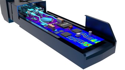 A simulation of a fiber optical connector interacting with electronic systems