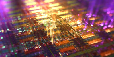 Computer chip with light rays streaming out, high tech background. Macro shot of microchip on silicon wafer. Abstract computer components. 3D rendering