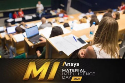 Students at a lecture hall with the Material Intelligence Day logo at the bottom
