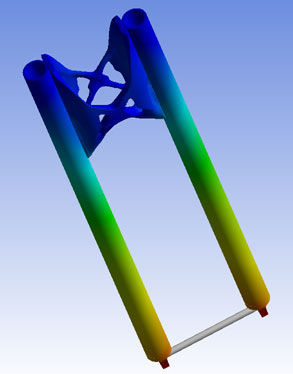 Result plot from the validation step of topology optimization of motorcycle fork in Ansys SpaceClaim