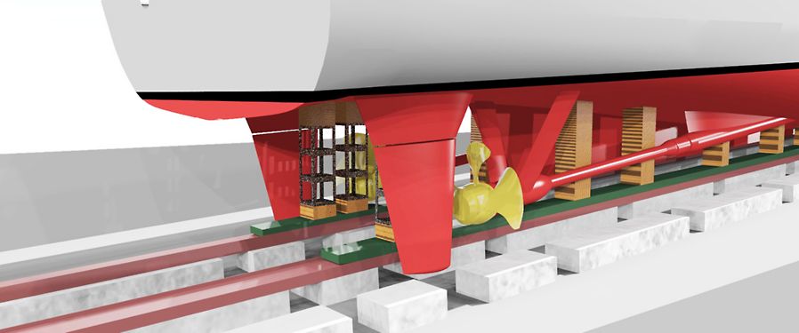 Model illustrates docking supports positioned under a ship