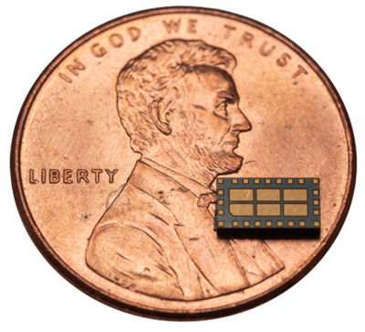 RF-to-DC system-in-package (penny included for scale)