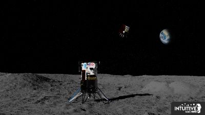 Rendering of Intuitive Machines' Nova-C lunar lander and flying rover