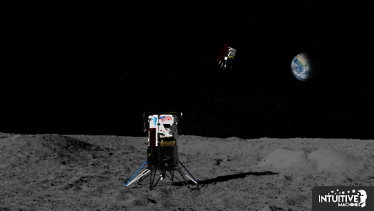 Rendering of Intuitive Machines' Nova-C lunar lander and flying rover