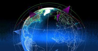 地球與周圍飛行人造衛星遠觀圖