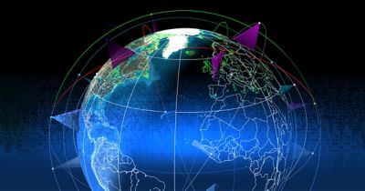 衛星が周囲を飛行している地球のズームアウトビュー