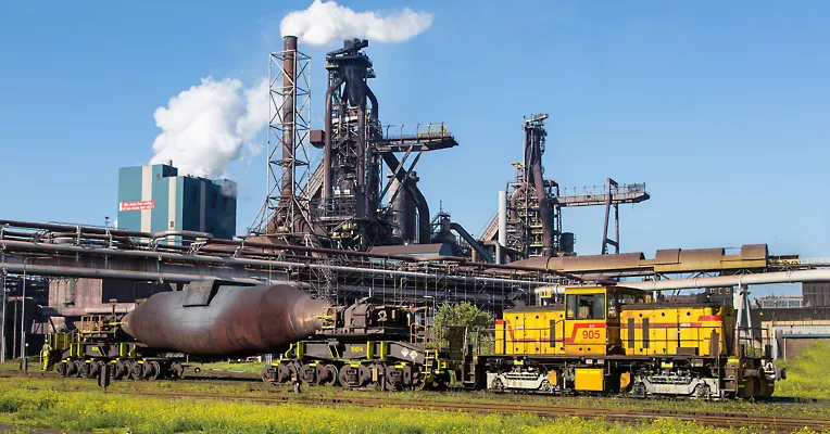 Logo of Tata Steel taken at the group's France Rail plant in the