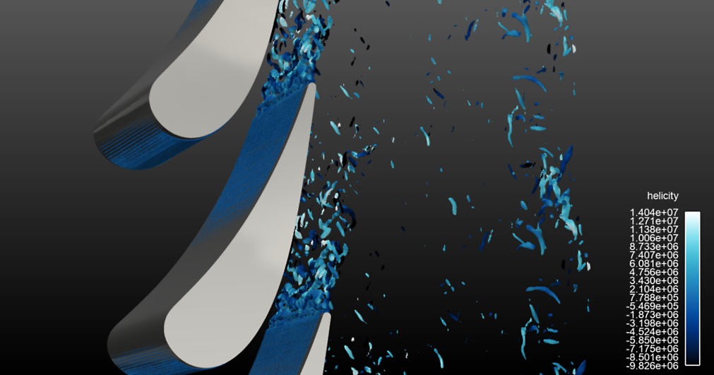 Vortical structures in the air flow around the nozzle of an axial turbine blade help improve performance and efficiency