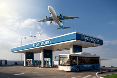 plane flying over gas station