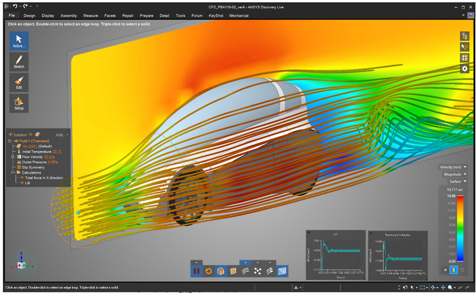 Velocity graph showing air velocity streamers at 10 m/s and the convergence of drag and lift calculations