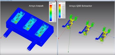 An electrothermal analysis of a triple IGBT module designed using Ansys Icepak (left) and Ansys Q3D Extractor (right)