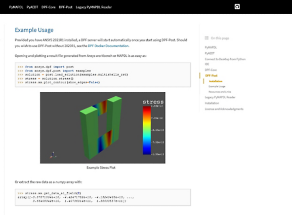 A stress plot example shown in the PyAnsys GitHub documentation.
