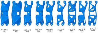 Topology optimization of a motorcycle bracket where the target mass is varied and all other constraints are fixed