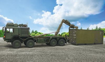 green truck carrying container