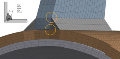 Seam welds simulated with hex elements to maintain weld root and toe locations