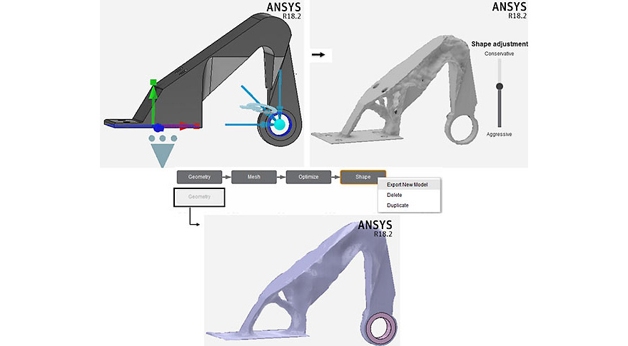 all stages of topology optimization of a bracket subjected to three load cases