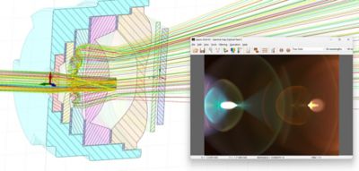 Stray light effects from the lens, optomechanics, and the sensor with one ray tracing showing one source of stray light in lenses