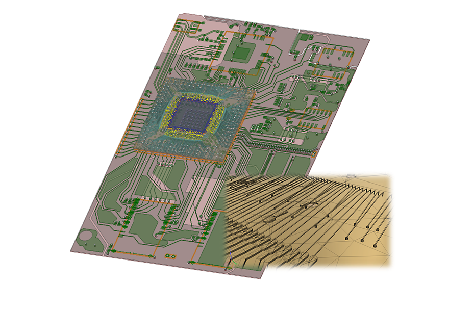 A recent benchmark on a PCB plus bondwire package model (image below) showed that initial mesh generation was 18x faster with Ansys HFSS Phi Plus Mesher
