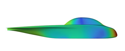 The figure above shows the pressure distribution on the solar car Green Spirit, where blue areas signal relatively low pressure areas and red areas relatively high pressure areas. The wheels and nose contribute most to the pressure drag of the solar car.