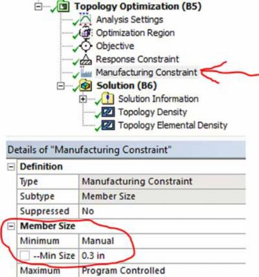 Specifiying a minimum member constraint will keep the topology optimization from making regions that are too small to 3D print.