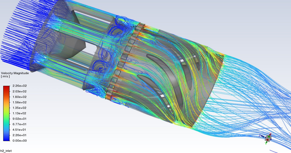 Pathlines of dihydrogen flowing through the injector, swirled by blades inside the canal