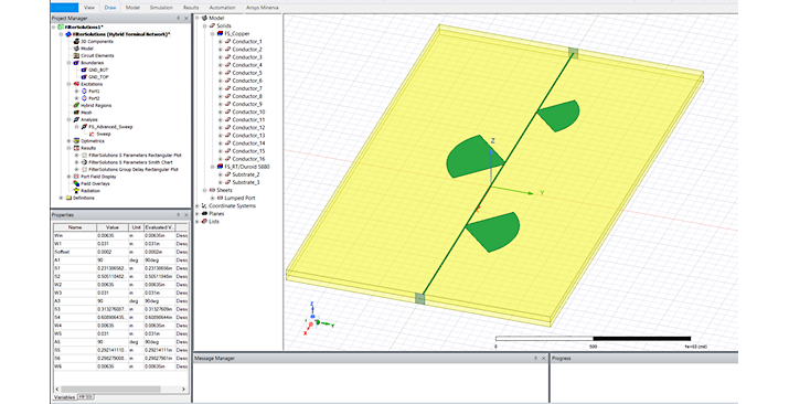 Geometry of a low pass filter in Ansys HFSS, generated by Ansys Nuhertz FilterSolutions