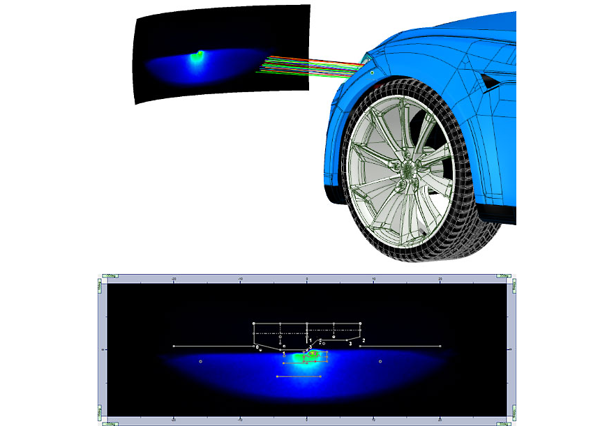 A simulation setup in Ansys SPEOS (top) using low-beam regulation measurements (bottom).