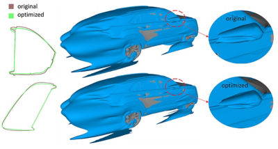 The mesh morphing results and the simulated flow field. The outlines at the top of the figure show mirror shape from the side and top, respectively.