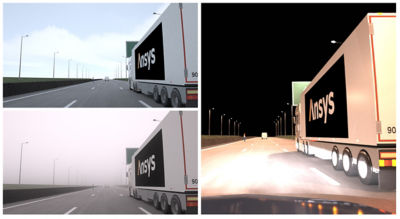 Simulation via Ansys SPEOS replicates how an ADAS camera “sees” a vehicle’s physical surroundings in daylight, nighttime and foggy conditions. 